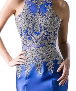 Cinderella Divine - Metallic Lace Adorned High Neck Mermaid Evening Gown Formal Gowns