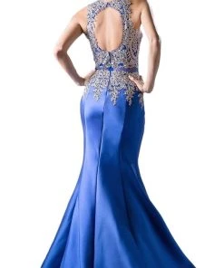 Cinderella Divine - Metallic Lace Adorned High Neck Mermaid Evening Gown Formal Gowns