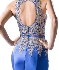 Cinderella Divine - Metallic Lace Adorned High Neck Mermaid Evening Gown Formal Gowns