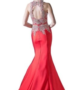 Cinderella Divine - Metallic Lace Adorned High Neck Mermaid Evening Gown Formal Gowns