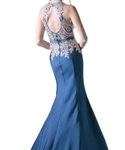 Cinderella Divine - Metallic Lace Adorned High Neck Mermaid Evening Gown Formal Gowns