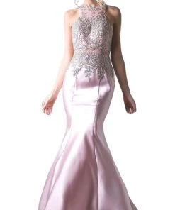 Cinderella Divine - Metallic Lace Adorned High Neck Mermaid Evening Gown Formal Gowns