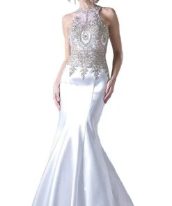 Cinderella Divine - Metallic Lace Adorned High Neck Mermaid Evening Gown Formal Gowns