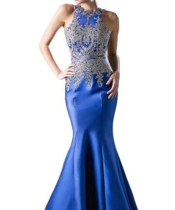 Cinderella Divine - Metallic Lace Adorned High Neck Mermaid Evening Gown Formal Gowns