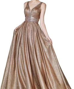 Cinderella Divine - Metallic Plunging V-Neck Evening Gown CJ505 - 1 Pc Copper In Size 10 Available Formal Gowns