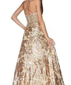 Formal Gowns Cinderella Divine - ML923 Sequined Deep V-neck A-line Dress