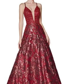 Formal Gowns Cinderella Divine - ML923 Sequined Deep V-neck A-line Dress