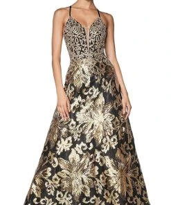 Formal Gowns Cinderella Divine - ML923 Sequined Deep V-neck A-line Dress