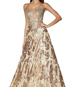 Formal Gowns Cinderella Divine - ML923 Sequined Deep V-neck A-line Dress