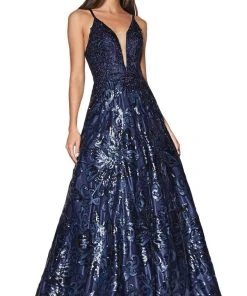 Formal Gowns Cinderella Divine - ML923 Sequined Deep V-neck A-line Dress