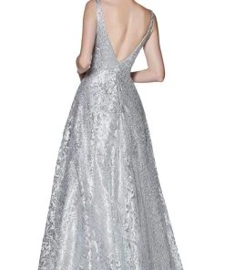 Cinderella Divine - ML929 Floral Glitter Plunging V-Neck Gown Formal Gowns