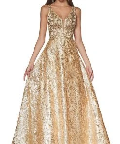 Cinderella Divine - ML929 Floral Glitter Plunging V-Neck Gown Formal Gowns