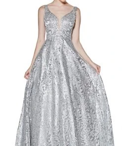 Cinderella Divine - ML929 Floral Glitter Plunging V-Neck Gown Formal Gowns