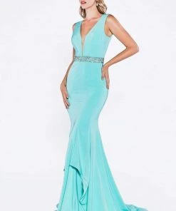 Cinderella Divine - P107 Bead Accented Deep V-neck Trumpet Dress