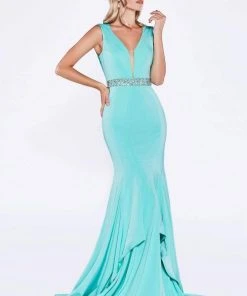 Cinderella Divine - P107 Bead Accented Deep V-neck Trumpet Dress 11 Cinderella Divine - P107 Bead Accented Deep V-neck Trumpet Dress