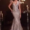 Cinderella Divine - Plunging Feathered Evening Dress CB088 - 1 Pc Silver In Size 20 Available