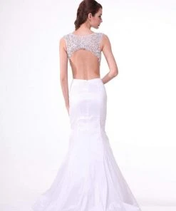 Formal Gowns Cinderella Divine - Plunging Illusion Notched Embellished Evening Gown