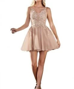 Cocktail Dresses Cinderella Divine - Plunging Lace Applique A-Line Dress CD204 - 1 Pc Mauve In Size 12 Available