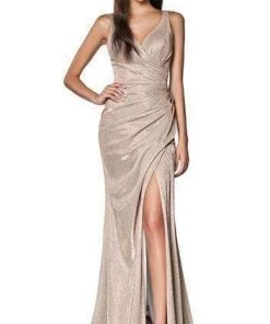 Formal Gowns Cinderella Divine - Plunging V-neck Glitter Trumpet Dress CF332
