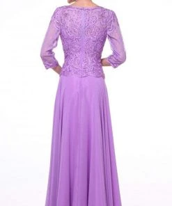 Cinderella Divine - Quarter Sleeve Soutache Bodice A-Line Long Formal Dress 14327 Formal Gowns