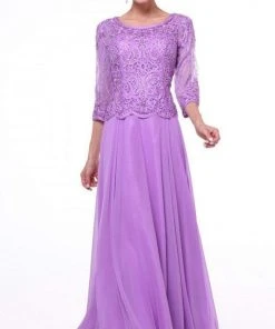 Cinderella Divine - Quarter Sleeve Soutache Bodice A-Line Long Formal Dress 14327 Formal Gowns