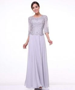 Cinderella Divine - Quarter Sleeve Soutache Bodice A-Line Long Formal Dress 14327 Formal Gowns