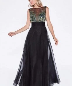 Formal Gowns Cinderella Divine - Rhinestone Embellished Sheer Chiffon Evening Dress
