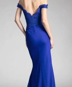 Cinderella Divine - Scalloped Off Shoulder Lace Applique Gown CF158 - 1 Pc Dark Purple In Size S Available