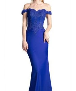 Cinderella Divine - Scalloped Off Shoulder Lace Applique Gown CF158 - 1 Pc Dark Purple In Size S Available