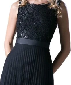 Cinderella Divine - Sequined Lace Bateau Pleated A-line Dress