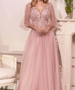 Formal Gowns Cinderella Divine - Sheer Bishop Sleeve Evening Dress CD0182
