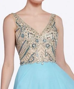 Cinderella Divine - Sheer Long Bell Sleeves Beaded Chiffon Evening Gown