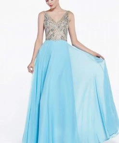 Cinderella Divine - Sheer Long Bell Sleeves Beaded Chiffon Evening Gown