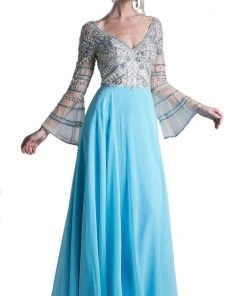 Cinderella Divine - Sheer Long Bell Sleeves Beaded Chiffon Evening Gown