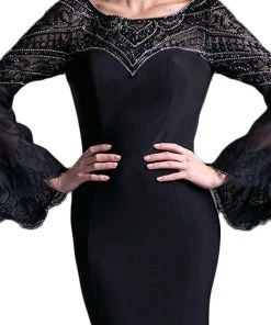 Formal Gowns Cinderella Divine - 71435 Sheer Long Bell Sleeves Sheath Evening Gown