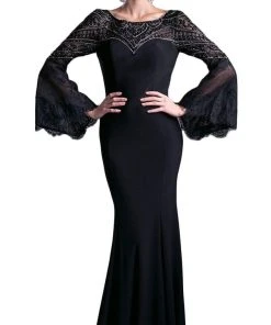 Formal Gowns Cinderella Divine - 71435 Sheer Long Bell Sleeves Sheath Evening Gown