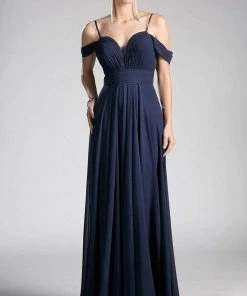 Cinderella Divine - Shirred Plunging Sweetheart Cold Shoulder Chiffon Gown Formal Gowns
