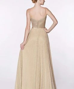 Formal Gowns Cinderella Divine - Shirred V Neck Metallic Knit A-Line Gown CJ269 - 1 Pc Gold In Size 10 Available