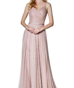Formal Gowns Cinderella Divine - Shirred V Neck Metallic Knit A-Line Gown CJ269 - 1 Pc Gold In Size 10 Available