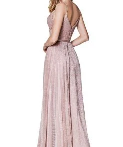 Formal Gowns Cinderella Divine - Shirred V Neck Metallic Knit A-Line Gown CJ269 - 1 Pc Gold In Size 10 Available