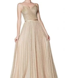 Formal Gowns Cinderella Divine - Shirred V Neck Metallic Knit A-Line Gown CJ269 - 1 Pc Gold In Size 10 Available
