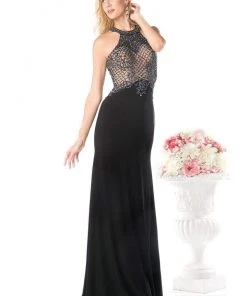 Formal Gowns Cinderella Divine - Sleeveless Beaded Halter Neck Sheath Dress