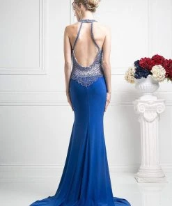 Formal Gowns Cinderella Divine - Sleeveless Beaded Halter Neck Sheath Dress