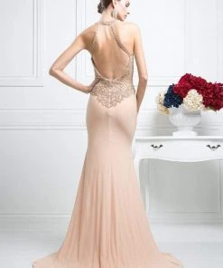 Formal Gowns Cinderella Divine - Sleeveless Beaded Halter Neck Sheath Dress