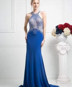 Formal Gowns Cinderella Divine - Sleeveless Beaded Halter Neck Sheath Dress