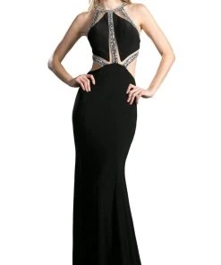 Cinderella Divine - Sleeveless Bedazzled Halter Neck Sheath Dress