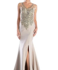 Formal Gowns Cinderella Divine - Sleeveless Gilded V-neck Trumpet Dress