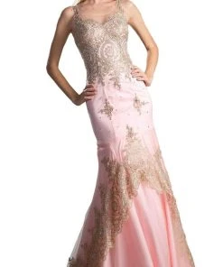 Cinderella Divine - Sleeveless Gilt Lace Appliqued Mermaid Gown Formal Gowns
