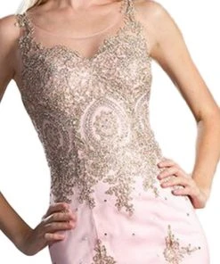 Cinderella Divine - Sleeveless Gilt Lace Appliqued Mermaid Gown Formal Gowns