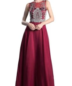 Formal Gowns Cinderella Divine - Sleeveless Illusion Metallic Appliqued A-Line Gown 30 Formal Gowns Cinderella Divine - Sleeveless Illusion Metallic Appliqued A-Line Gown